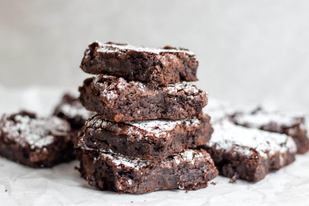 stack of brownies made with freshly milled flour