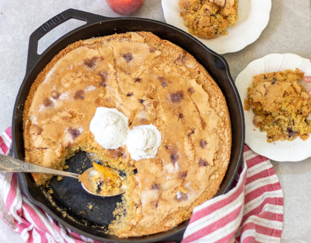 dairy free cobbler cake with two slices 